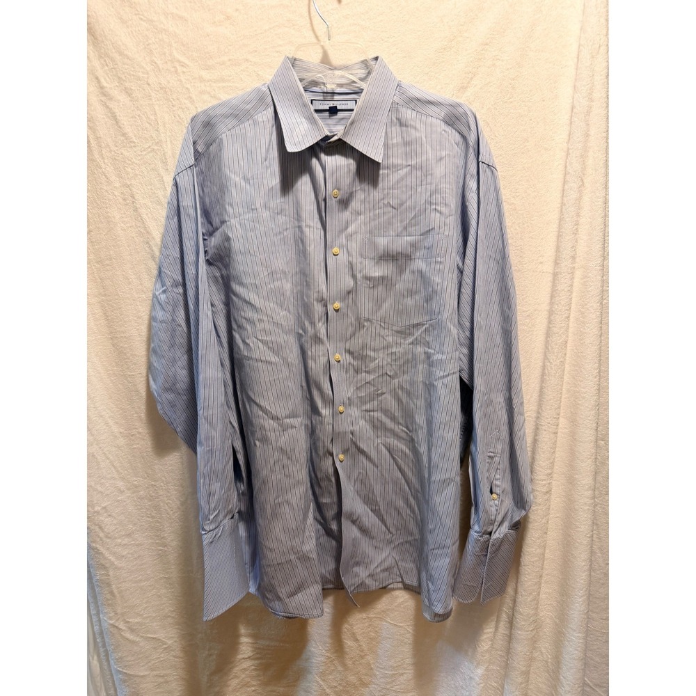 Tommy Hilfiger Ithaca Mens XL Dress Shirt Blue White Striped Cotton Button Down